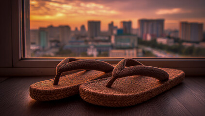 Flip flops resting on a windowsill with a vibrant city skyline at sunset