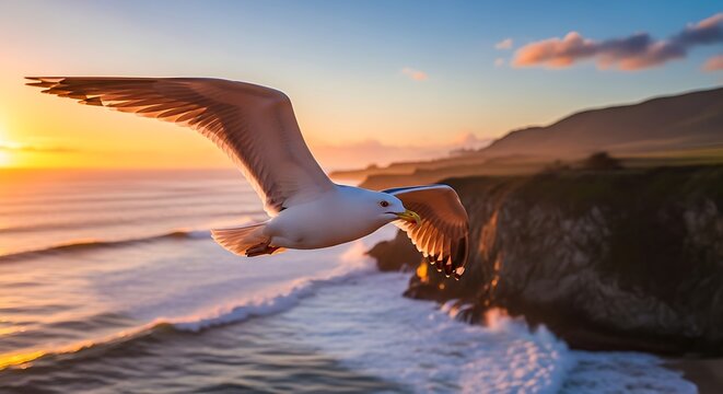 Seagull soars over ocean waves at sunset, coastal landscape.