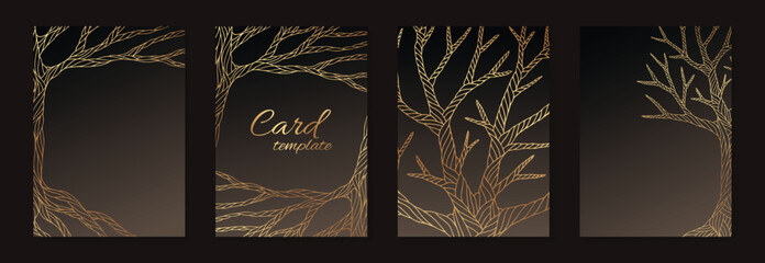 Golden trees on a dark background. Modern luxury card templates for wedding initation or birthday greetings.