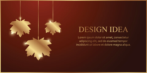 Golden autumn leaves on a red background. Modern luxury banner design or card template for birthday greeting or certificate or poster.