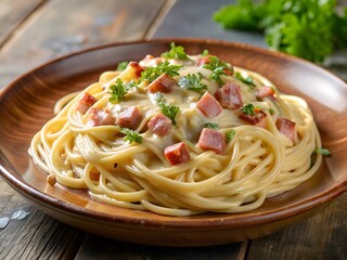 Delicious spaghetti carbonara with pancetta and parsley in a wooden bowl