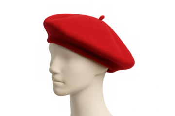 Red beret hat on mannequin head in profile, displaying french fashion accessory and classic style