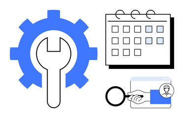 Gear and wrench for settings, calendar for scheduling, and magnifying glass over profile for search. Ideal for management, planning, task monitoring, system optimization, productivity, organization