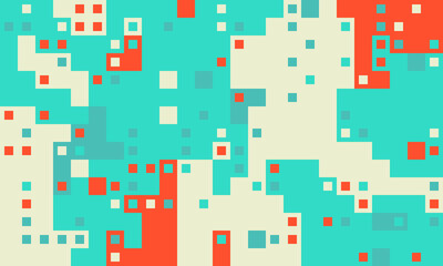 Abstract pixel art background.  Vibrant teal, coral, and cream squares create a dynamic, modern design.