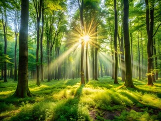 Sunbeams streaming through a lush green forest canopy on a bright day
