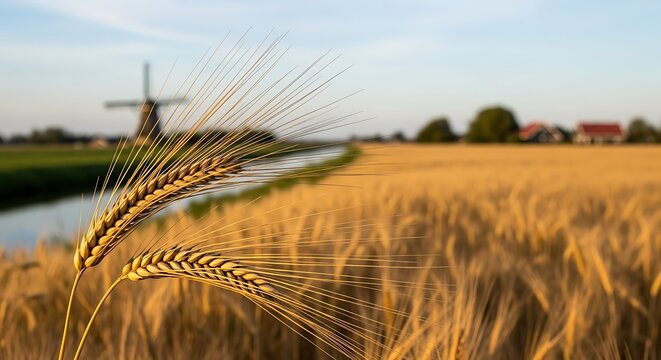 Golden Wheat Field with Windmill in the Distance.
