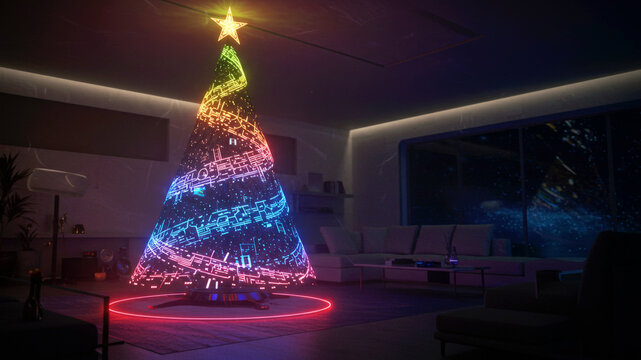 Futuristic Christmas tree with circuit board pattern and glowing lights in a modern living room for holiday celebration and technology concept.