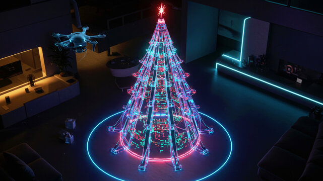 Glowing neon Christmas tree with flying drone in a modern futuristic interior. Holiday season in a digital smart home.