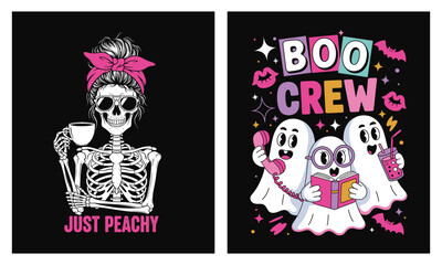 Just Peachy skeleton mom with messy bun, bow, sunglasses and coffee; Boo Crew cute ghosts with phone, book and boba; trendy Halloween t-shirt graphics for US women, teachers, kids and family matching