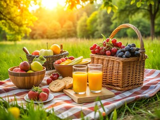 Summer picnic spread with fresh fruits and juice in a sunny park