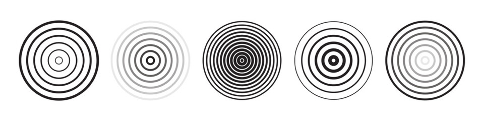 Naklejka na ściany i meble Black concentric circle icons with gradient thickness and contrast. Round sound wave patterns. Pain symbols. Simple monochrome graphic set. Vector illustration.