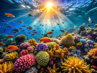 Vibrant coral reef teeming with colorful fish under bright sunlight