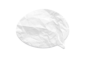 Crumpled paper speech bubble. White wrinkled paper chat icon on transparent background. Realistic texture vector design element for messages, communication, or scrapbooking projects.