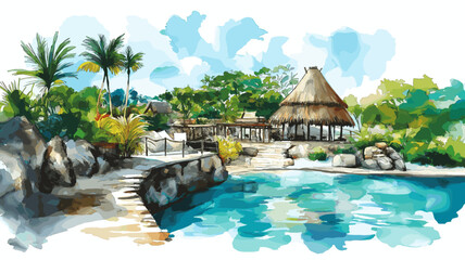 Xcaret Eco Park. Xcaret Eco Park hand drawn watercolor illustration