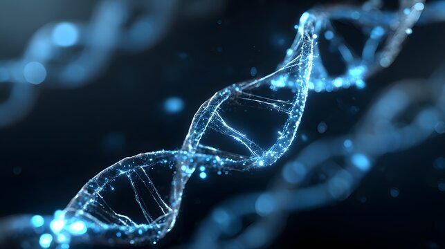 Futuristic 3D DNA strand glowing in blue digital environment