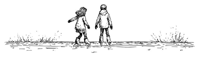 two children ice skating on frozen lake vector sketch