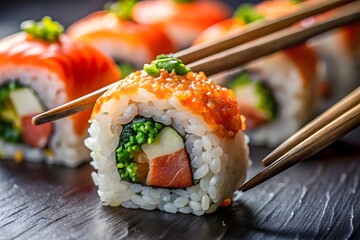 Delicious sushi rolls with salmon and avocado being eaten with chopsticks