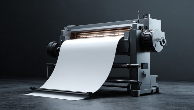 A printer printing white paper on a dark background, 3d rendering, isometric, front view, created in c4d, blender, and oc renderer, with high detail and high resolution. - Powered by Adobe