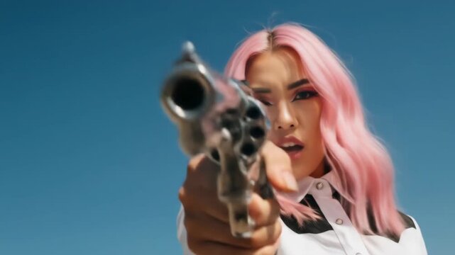 fierce asian woman with pink hair points chrome revolver at camera. cinematic low-angle shot against blue sky. girl power, danger, and rebellion. femme fatale concept.