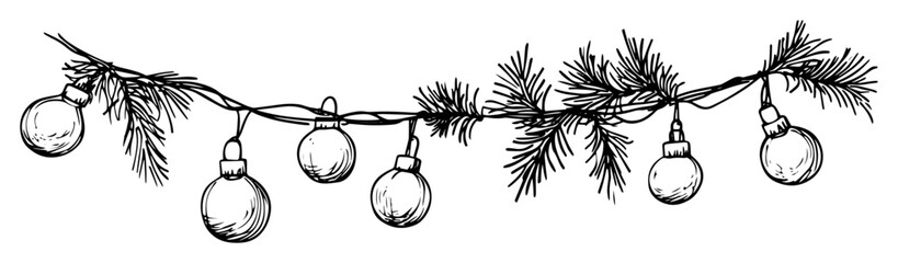 hand drawn pine garland with hanging baubles sketch isolated on white vector illustration © Kaz
