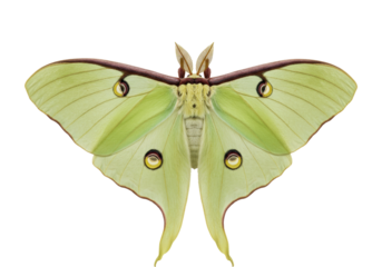 Isolated Luna Moth, lime-green wings with eyespots and feathery antennae, Lepidoptera insect