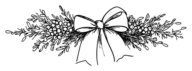 christmas bow with holly and fir branch decoration sketch © Kaz