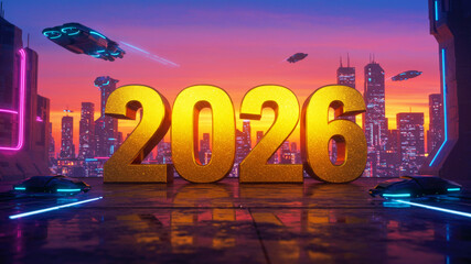 Golden 2026 number in a futuristic city setting with flying vehicles. New year's eve celebration and future innovation concept.