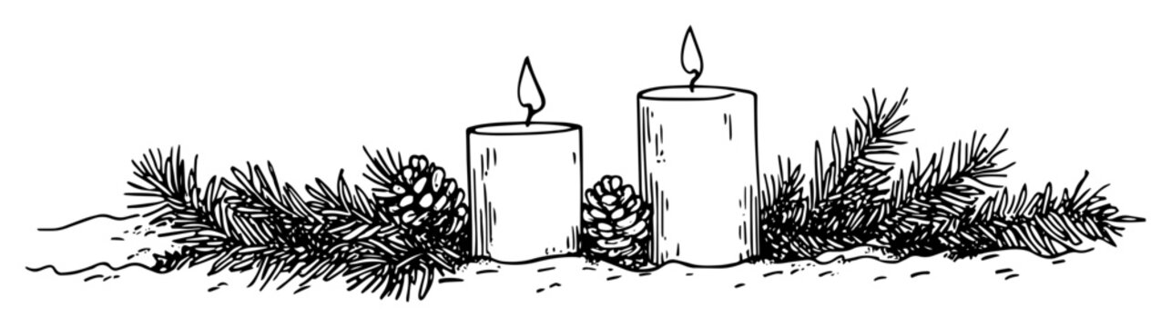 two christmas advent candles with pine decoration sketch