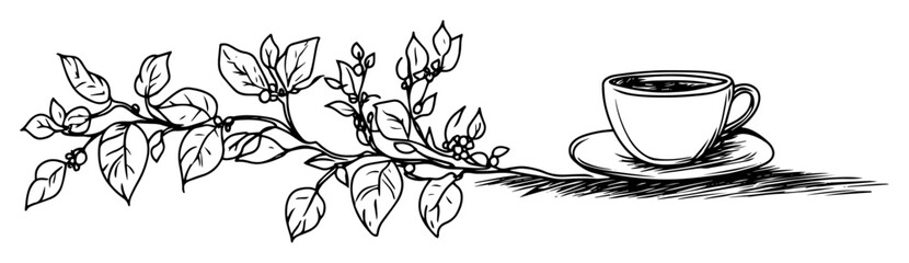 hand drawn coffee cup with coffee branch sketch isolated on white vector illustration