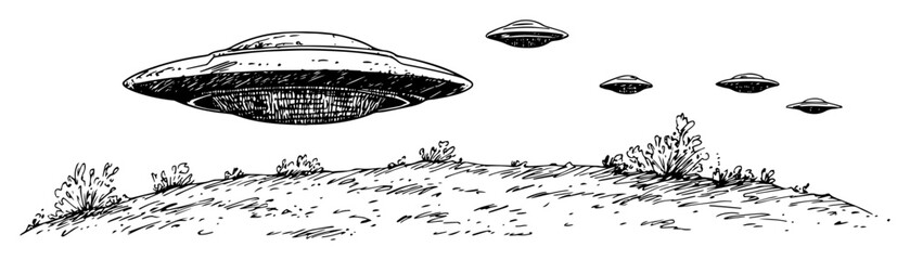 ufo flying saucer fleet over landscape alien invasion sketch © Kaz
