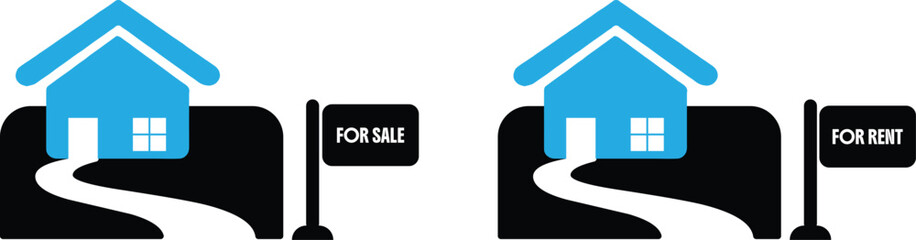 Vector illustration of a house with “For Sale” and “For Rent” signs