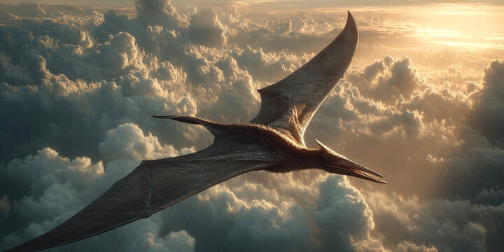 Majestic pterodactyl soaring over primeval mountains and forest at sunset
