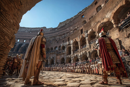 Two gladiators engage in fierce combat in the Colosseum arena during ancient Rome's battles
