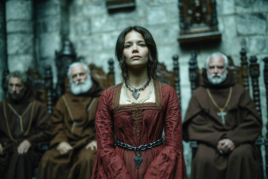 Young woman faces witch inquisition by priests and monks in Middle Ages setting