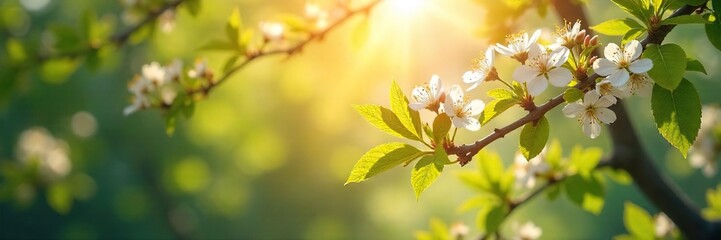 Sunbeams Illuminate Blossoming Spring Branches, Radiant Green Leaves and Delicate Flowers in a Vibrant Nature Scene, Perfect for Spring Themes, Renewal and Growth