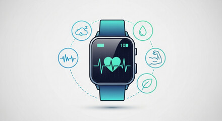Smartwatch displaying health metrics and fitness tracking icons on, promoting wellness and a healthy lifestyle through technology