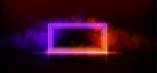A vibrant neon square frame glows with purple and orange light surrounded by ethereal smoke and...