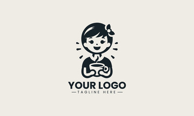 Cheerful black vector logo illustration of a happy cartoon girl holding a steaming cup of coffee creating a friendly cafe symbol