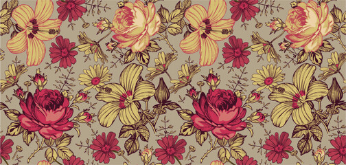 Seamless pattern. Beautiful pink blooming realistic isolated flowers. Vintage background. Set Chamomile Roses hibiscus mallow wildflowers. Wallpaper. Drawing engraving. Vector victorian Illustration
