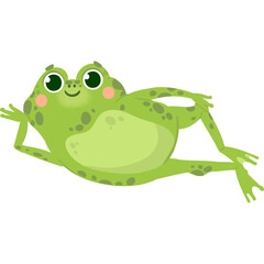 Cartoon Green Frog Resting With Cute Expression And Pink Cheeks On Transparent Background Detailed Graphic Style