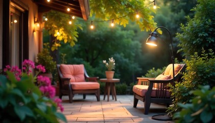 Warm Summer Evening Stylish Lamp Illuminates Patio, Casting a Tranquil Glow on Vibrant Foliage and Furniture
