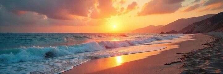 Golden Hour Serenity Vast Ocean Meets Sandy Beach at Sunset, Peaceful Tranquil Scene Perfect for Relaxation and Travel Imagery.