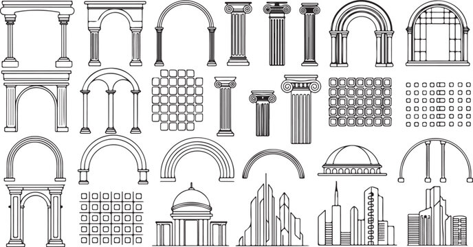 Classical architectural elements and building components in a monochrome illustration