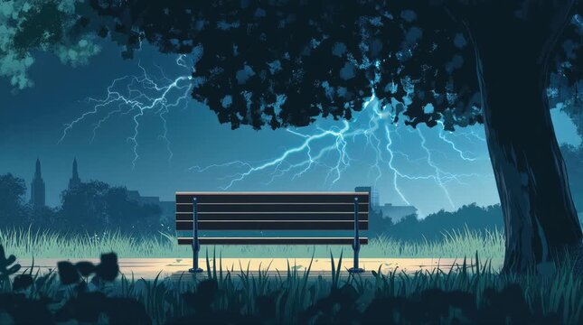 A view of a bench with lightning strikes. 4K animated video