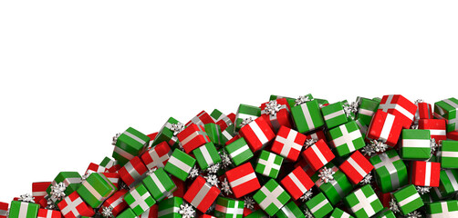 Décoration de pied de page remplie de cadeaux de Noël rouges et verts - rendu 3D sur fond transparent