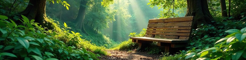 Serene Rainforest Bench Dappled Sunlight Filters Through Lush Green Canopy, Perfect for Relaxation and Nature Photography