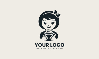 Cheerful black vector logo illustration of a happy cartoon girl holding a steaming cup of coffee creating a friendly cafe symbol
