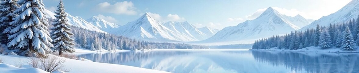 Serene Winter Wonderland Snow-Covered Forest, Frozen Lake, and Majestic Snow-Capped Mountains under a Clear Sky