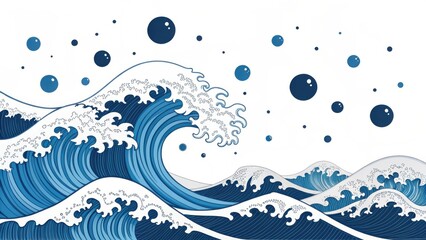 Dynamic ocean wave with floating spheres art
