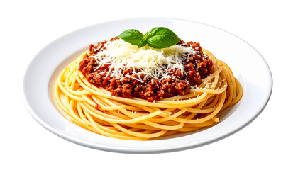 Delicious spaghetti Bolognese topped with grated cheese and a fresh basil leaf, served on a white plate isolated on solid white background in PNg.